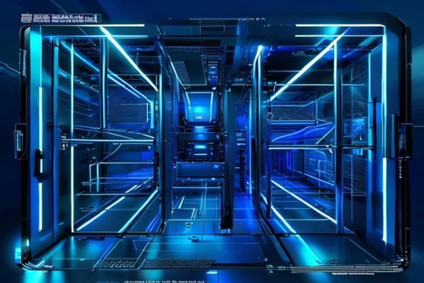 久久草精品内容聚合平台技术架构图，现代化服务器机房蓝光机柜整齐排列，专业感强